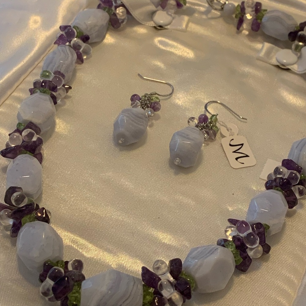 VTG Lavender Blue Agate Cluster Necklace Earrings Set Amethyst Sterling